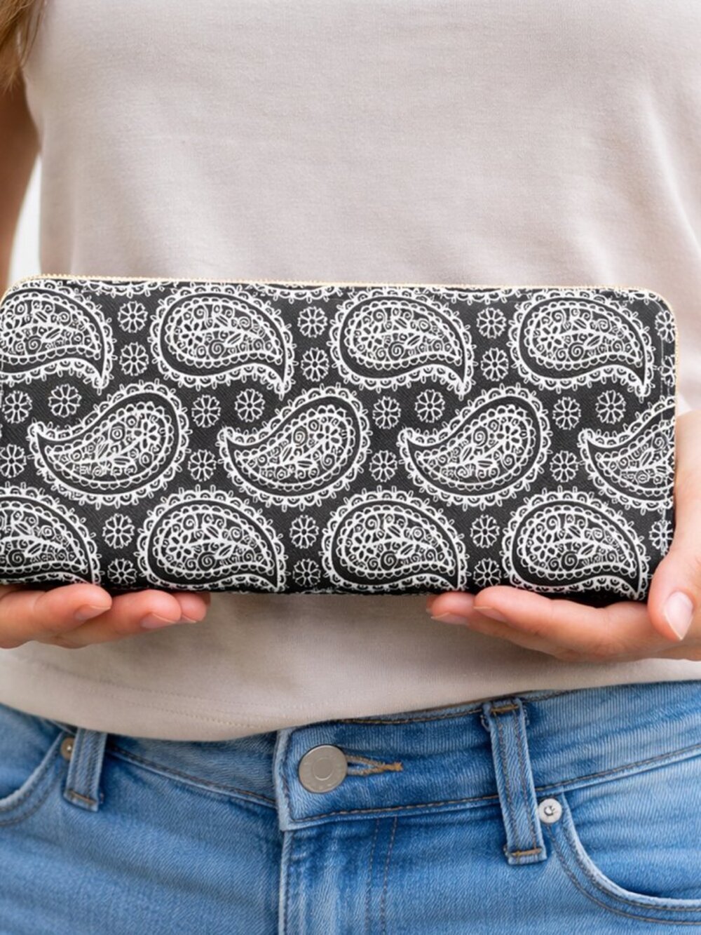 Black White Paisley Print Zip Wallet Clutch Easy to Hold & Carry 8 x4" - Hey Viv